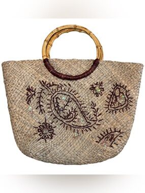 Woven Straw Beach Bag Tote Purse with Bamboo Handles Paisley Sequin Details Boho